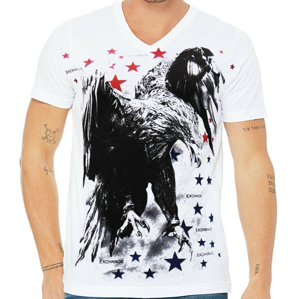NWT EXCHANGE EAGLE PATRIOTIC MEN'S WHITE V-NECK SHORT SLEEVE T-SHIRT SIZE S